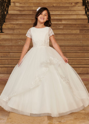 Short Sleeves Ivory Lace Tulle Keyhole Back Flower Girl Dress